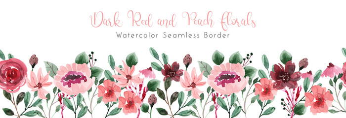 Dark Red and Peach Florals Watercolor Seamless Border