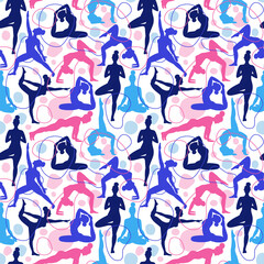 Trend seamless pattern of yoga class pink and blue with abstract shape line art vector bakground.