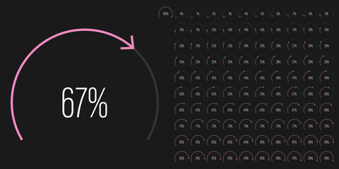 Fototapeta na wymiar Set of circular sector percentage diagrams meters from 0 to 100 ready-to-use for web design, user interface UI or infographic - indicator with pink