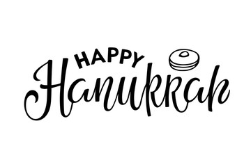 Obraz premium Happy Hanukkah lettering with donut sketch. Calligraphy jewish Lettering holiday logo template. Hanukkah inscription. Jewish Festival of Lights celebration, festive background