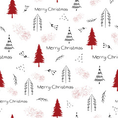 Merry Christmas pattern in black and red with text and christmas trees on white background. Seamless repeat christmas pattern for print, textile design or paper projects. Vector illustration..