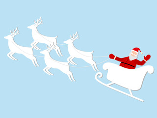 vector paper cut design of santa claus in sleigh and reindeer on christmas day. reindeer flying in the sky with santa's sleigh. happiness gift festival in december