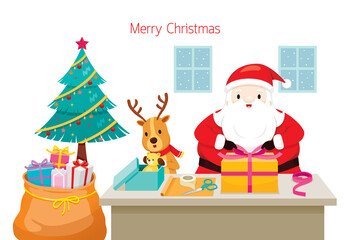Santa Claus With Reindeer Helping To Wrap Gifts For Christmas Day
