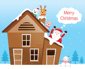 Santa Claus With Friend, Reindeer, Bear And Cat Happy On Roof Of House