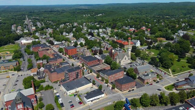 Clinton historic town center aerial view at Union Street and High Street in Worcester County, Massachuetts MA, USA. 
