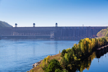 View of the hydroelectric dam on the Yenisei River