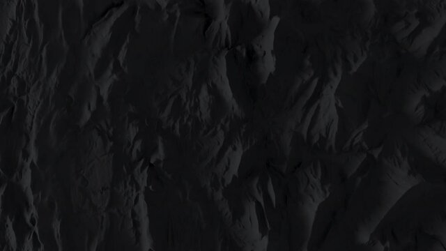 Fly over black abstract landscape with mountains. Dark 3D render of earth relief. Detailed elevation surface. 4K UHD