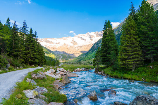 Gorgeous nature of the krimml Valley in summer. It is a valley of the austrian Alps, of Dreiherrnspitze on glacier obersulzbachkees, Hohe Tauern Austrian Alps, Europe