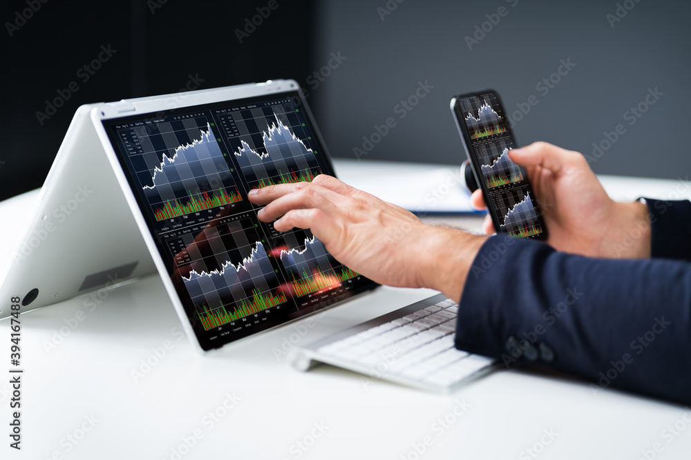 Poster stock exchange business analyst using computer