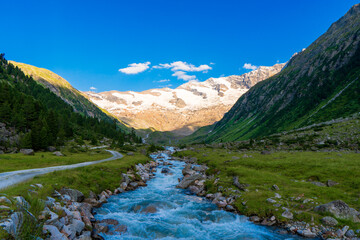 Gorgeous nature of the krimml Valley in summer. It is a valley of the austrian Alps, of Dreiherrnspitze on glacier obersulzbachkees, Hohe Tauern Austrian Alps, Europe