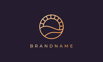 Simple and modern luxury line gold logo design of sea water wave and sun in a circle