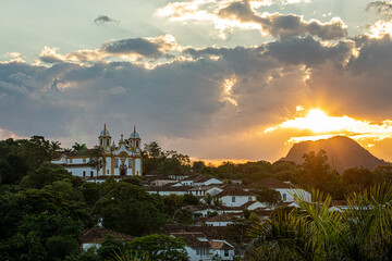 Sunset in the city of Tiradentes with streets, alleys, church and colorful colonial houses - Minas Gerais, Brazil