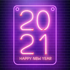 2021 Happy New Year neon lamps on brick wall. Pink neon on blue brick background. Vector illustration.