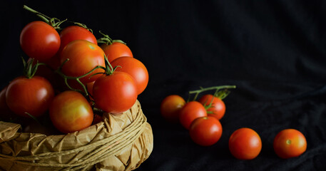 Plakat Black background. Bowl with cherry tomatoes and more scattered on black cloth, light coming from one side.