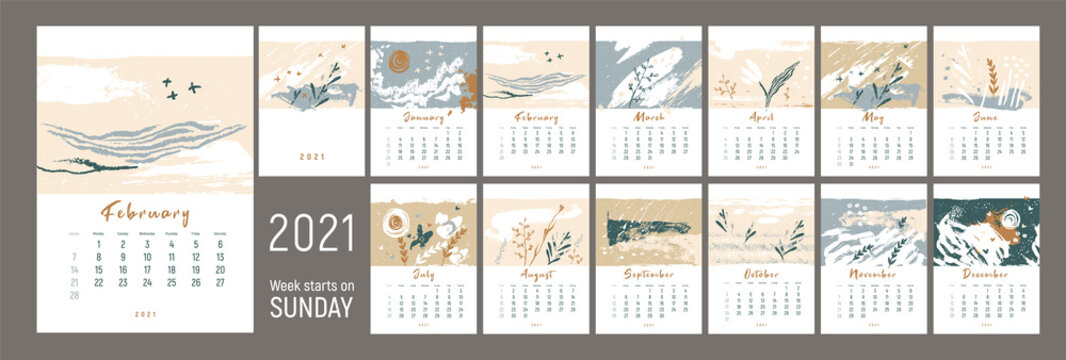 Wall сalendar 2021 design. Week starts on Sunday. Nature colors, ecology theme. Monthly calender 2021. 12 months. Editable calendar page template. Vertical. Abstract artistic vector illustration.