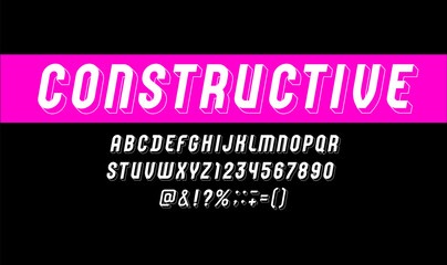 Constructive font, trendy 3d alphabet sans serif, modern condensed italic letters and numbers, vector illustration 10EPS
