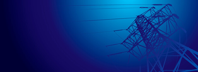 Vector contour silhouette. Substation, powerhouse. High-voltage line. Blue background, cover. Sky. Poles cable Background
