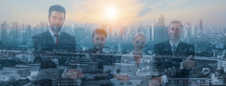 Double exposure-businessman and business people group handshake and meeting,cityscape background,business success concept corporate leader,multi-ethnic and diversity group,web banner header panoramic