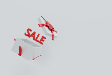 Concept to celebrate New Year,white open gift box with red ribbon,flying cover isolated on white background, realistic 3d rendering style,in put text and decoration advertising business,copy space