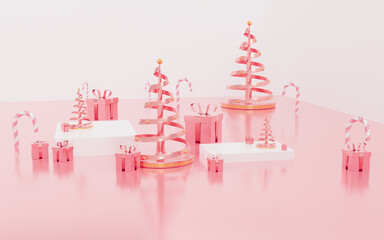 Abstract pink and rose gold christmas tree surrounded by floating circle,candy cane,gift box,decoration scene,geometric podium and stage shape,product show,celebrate christmas holiday,3d rendering