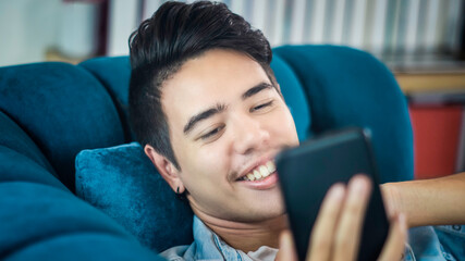 Young handsome use smartphone and Smiling Man,Relaxing in Living Room in house, Using Social Networks via internet,Greet your friends through social networks and video call,online connection,stay home