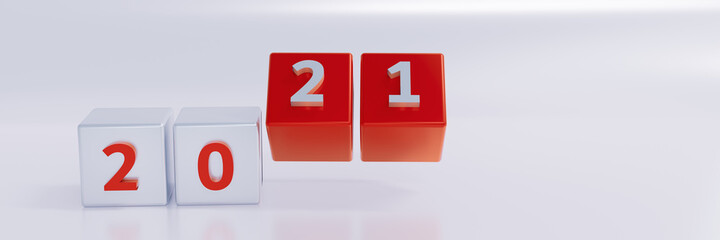 Countdown and change to Happy new year 2021 turn concept,and start new goals for future,white and red cube on  isolated white background,with changing numbers ,3d render illustration,banner panoramic