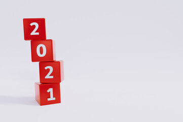 Countdown and change to Happy new year 2021 turn concept,and start new goals for future,white and red cube on  isolated white background,with changing numbers ,3d rendering illustration,copy space