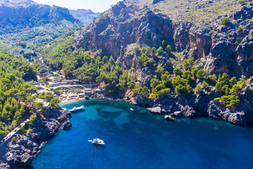 Obraz premium Aerial view Sa Calobra, Torrent de Pareis gorge, Serra de Tramuntana, Mallorca, Balearic Islands, Spain,