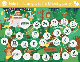 Birthday board game for children with cute woodland animals. Educational holiday boardgame with bear, hare, raccoon. Forest surprise party activity. Printable worksheet with cake and candles..
