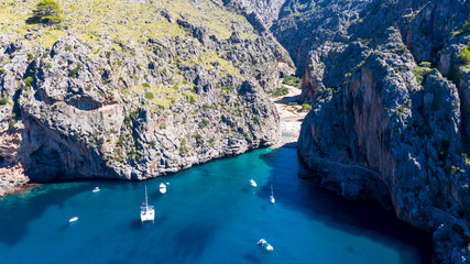 Aerial view Sa Calobra, Torrent de Pareis gorge, Serra de Tramuntana, Mallorca, Balearic Islands,...