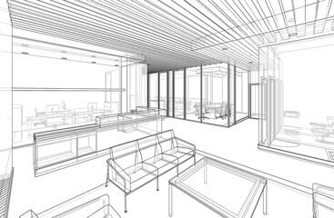 3D illustration of an office entrance lobby with waiting lounge and secretary counter. Transparent walls showing the furniture behind. 