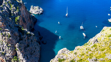 Aerial view Sa Calobra, Torrent de Pareis gorge, Serra de Tramuntana, Mallorca, Balearic Islands, Spain,