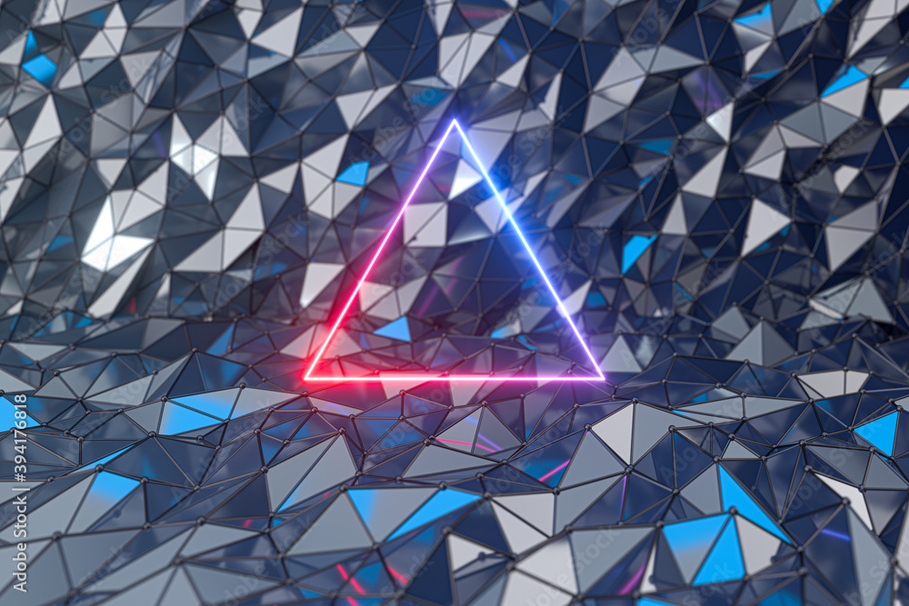 Poster neon line frame with triangle metal background, 3d rendering.