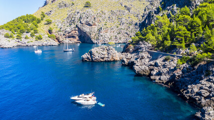 Aerial view Sa Calobra, Torrent de Pareis gorge, Serra de Tramuntana, Mallorca, Balearic Islands, Spain,