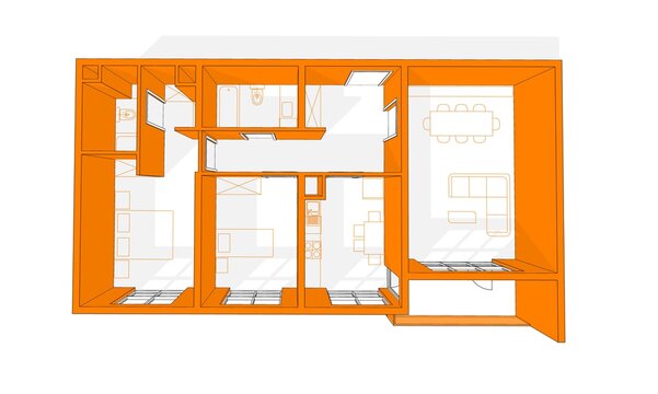 Illustration of two bedroom flat with balcony.  2BHK architectural 3D plan perspective with elevated walls. Orange colored walls in white background.