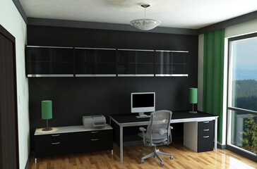 3d illustration of a home-office work area with dark colored furniture. 3d interior rendering of a working room in a flat with a big window by the side. Scene looking from left corner.