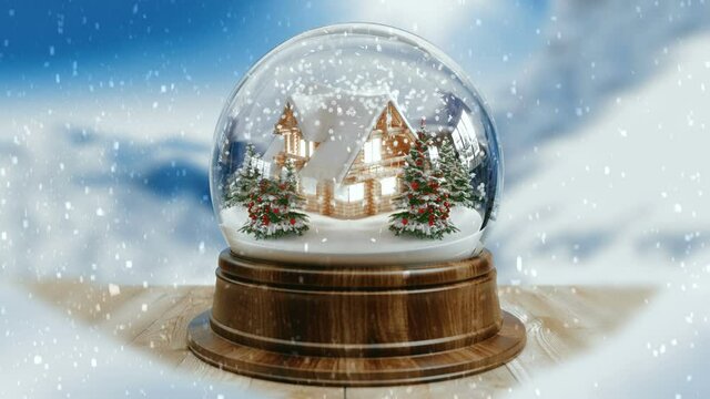 The Snow Globe with beautiful house model and Christmas tree inside it. 3d rendering animation of falling snow.