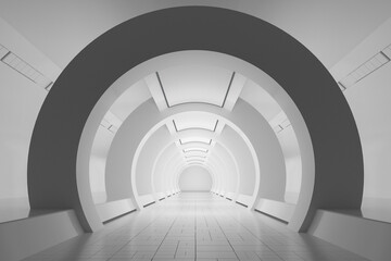 White sci-fi tunnel, empty round room, 3d rendering.