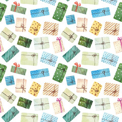 Watercolor christmas seamless pattern with present boxes isolated on white background.