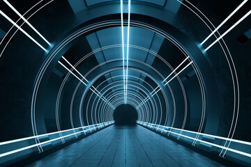Naklejka premium Dark round tunnel with glowing neon lights, 3d rendering.