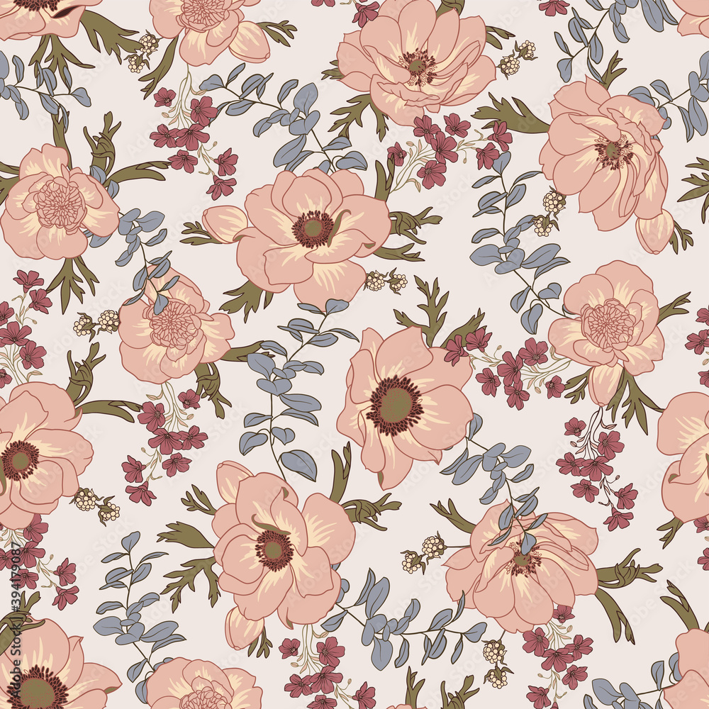 Poster seamless vector pattern with anemones and branches