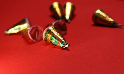 Happy Diwali Indian Festival Holiday with Fireworks on Red Background.