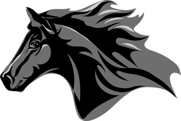 Horse, portrait, white, black, vector, graphics, drawing, picture, stylization, image, isolated, illustration, gray, shades