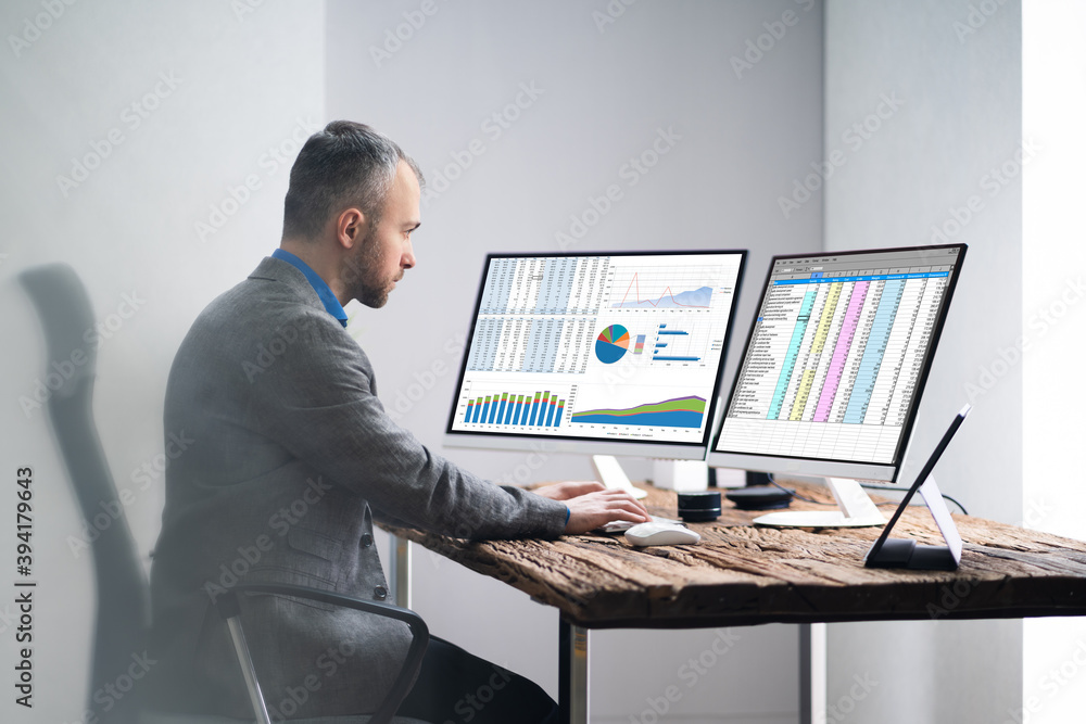 Poster analyst employee working with spreadsheet