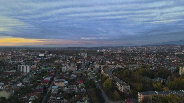 Streets and architecture of the foggy during sunrise view of the old city of Uzhgorod in Zakarpattya Ukraine