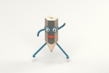 Cartoon pencil character with white background, 3d rendering.
