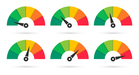 Set of colorful speedometers. Scale with arrow. Level satisfaction. Credit score indicators. Colored infographics.