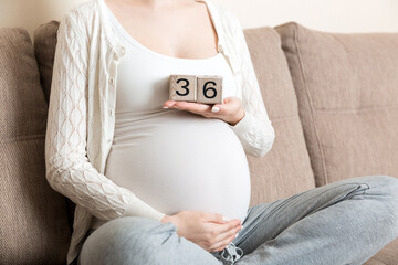 Pregnant woman in white underwear on bed in home holding calendar with weeks 36 of pregnant....