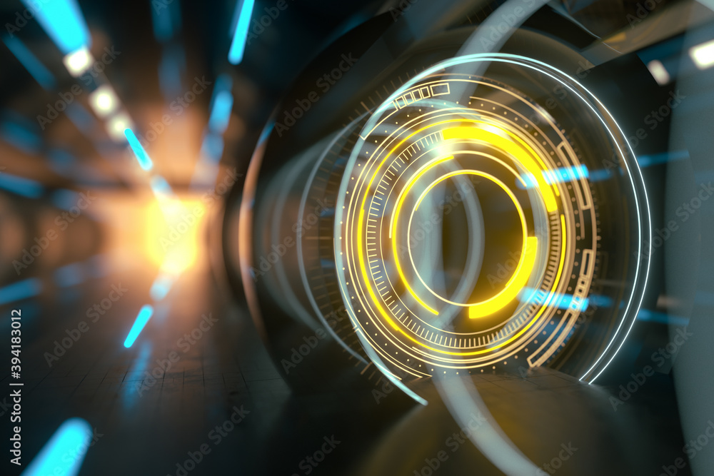 Poster dark tunnel with glowing hud elements, 3d rendering.