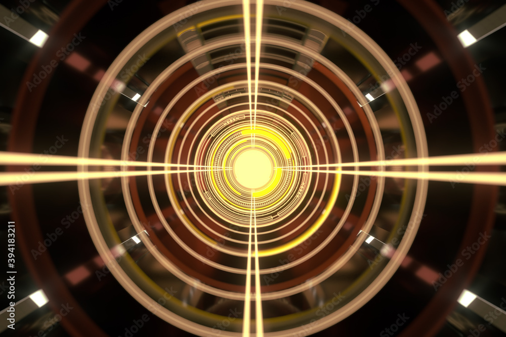 Poster dark tunnel with glowing hud elements, 3d rendering.